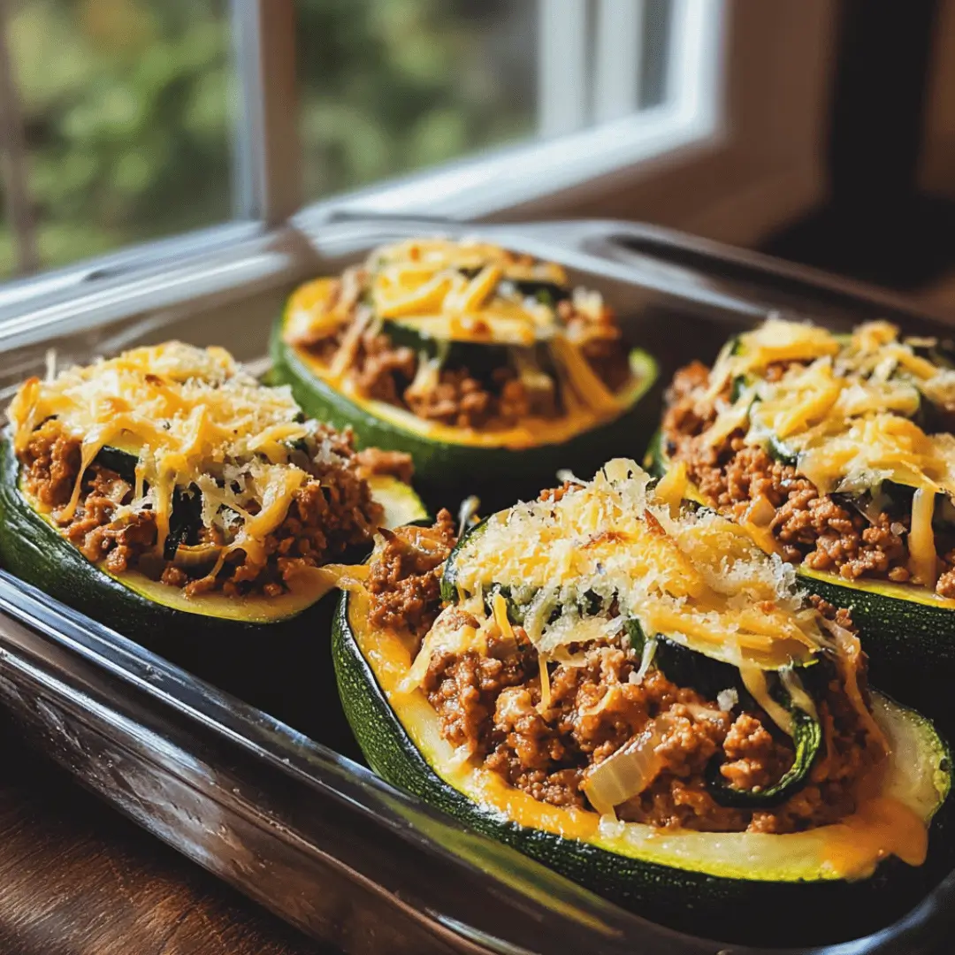 Stuffed courgettes filled with minced beef and topped with melted cheese, beautifully arranged in a baking dish by a window.