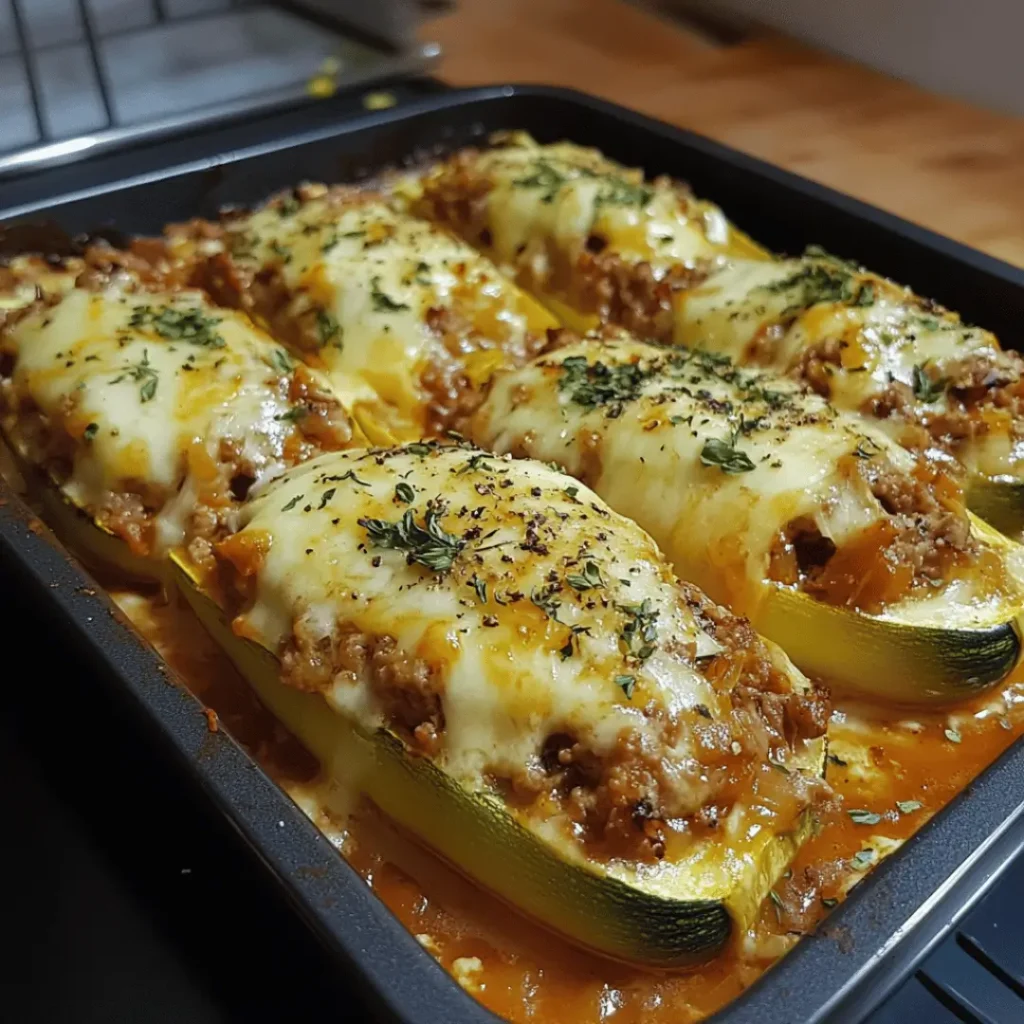 Baked stuffed courgettes with minced beef and melted cheese in a baking tray, sprinkled with fresh herbs.