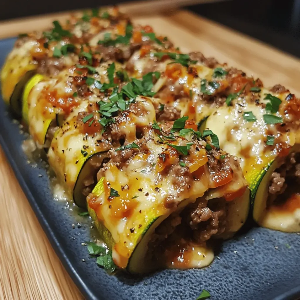 Baked stuffed courgettes with minced beef and melted cheese in a baking tray, sprinkled with fresh herbs.