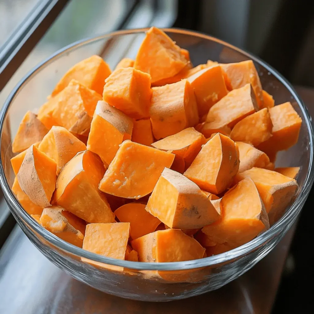 Glass bowl filled with cubed orange sweet potatoes