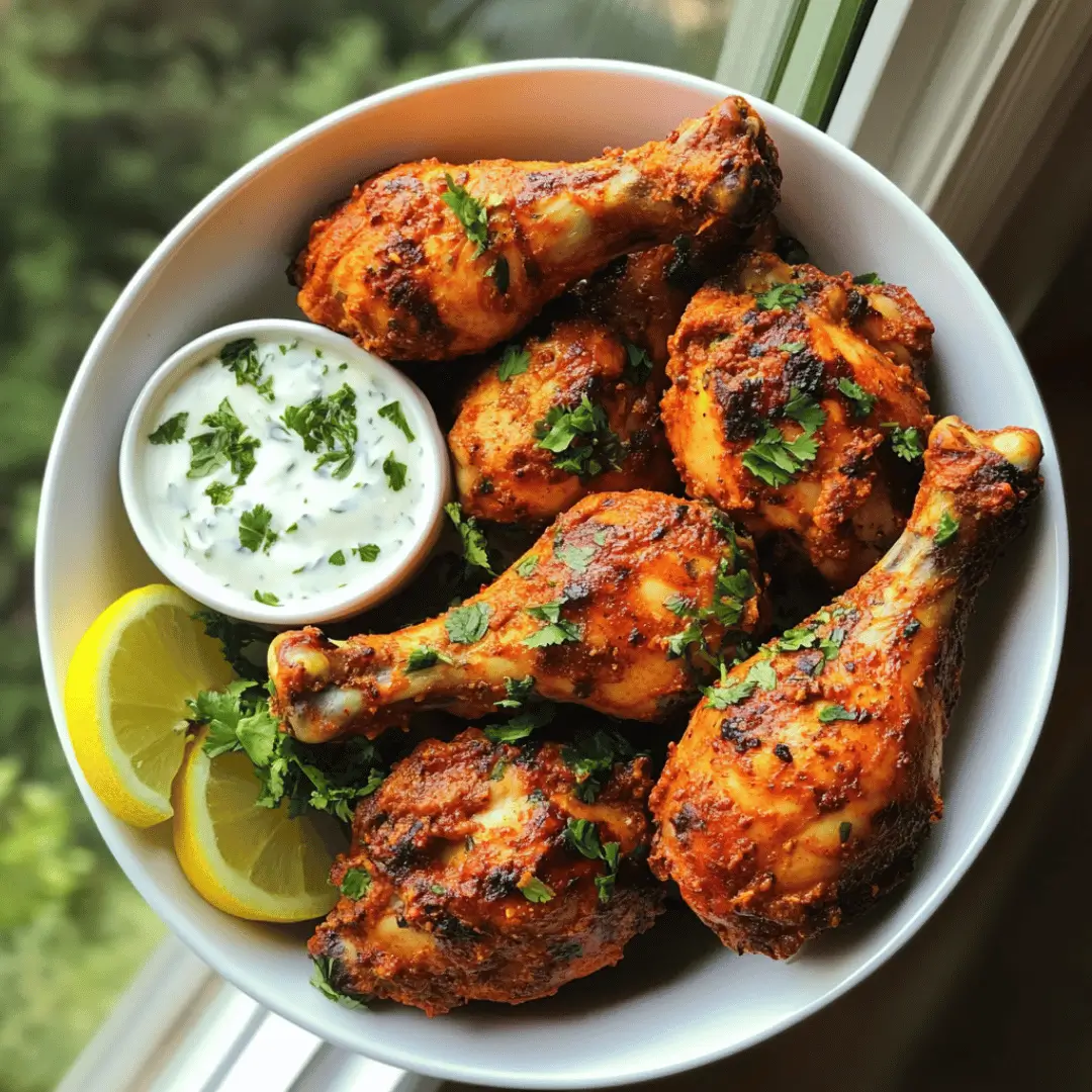 A dish of succulent Tandoori Chicken drumsticks garnished with fresh cilantro, served in a white bowl with lemon wedges and a small dish of yogurt sauce.