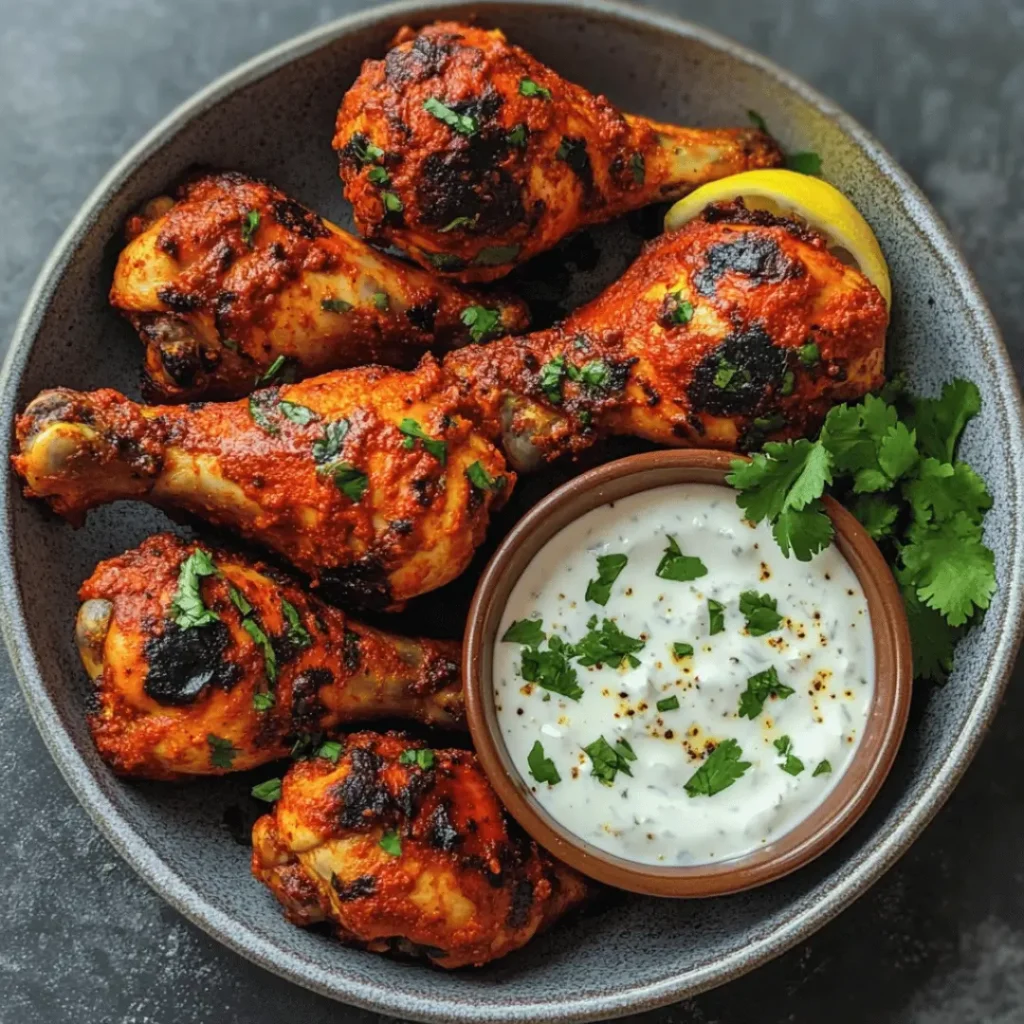 Tandoori Chicken drumsticks resting on a plate, garnished with cilantro and paired with a bowl of creamy yogurt sauce, surrounded by lemon slices.