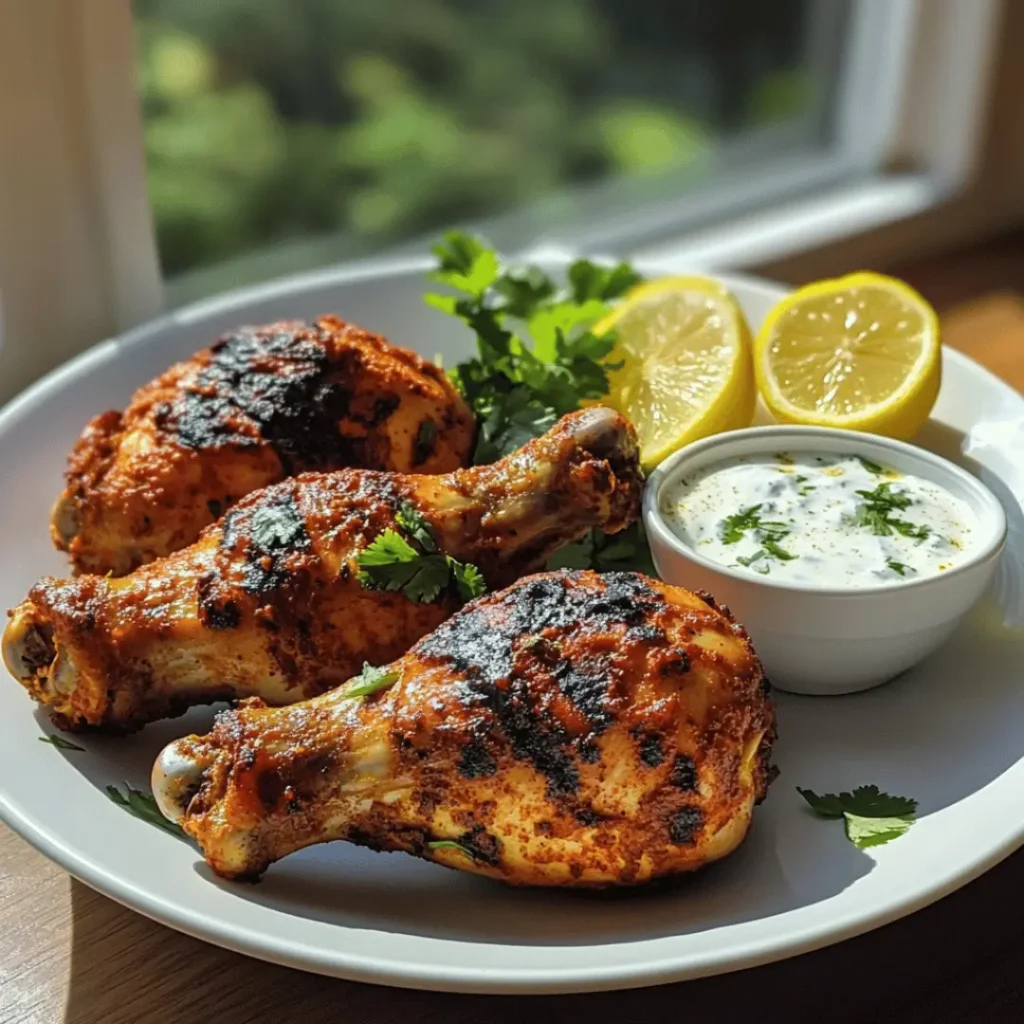  A plate of Tandoori Chicken drumsticks, topped with fresh cilantro and served alongside a bowl of yogurt sauce and lemon halves, bathed in natural light.