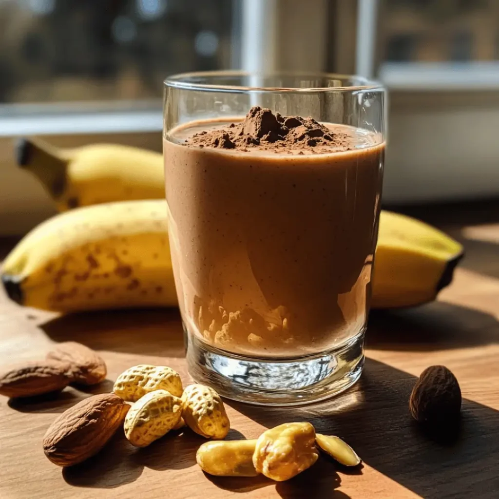 Testosterone boosting breakfast: A glass of chocolate banana protein smoothie surrounded by bananas and mixed nuts.
