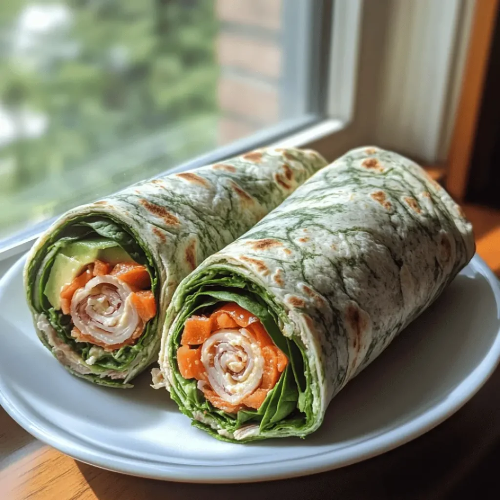 Turkey & Spinach Wrap cut in half on a white plate by a sunny window