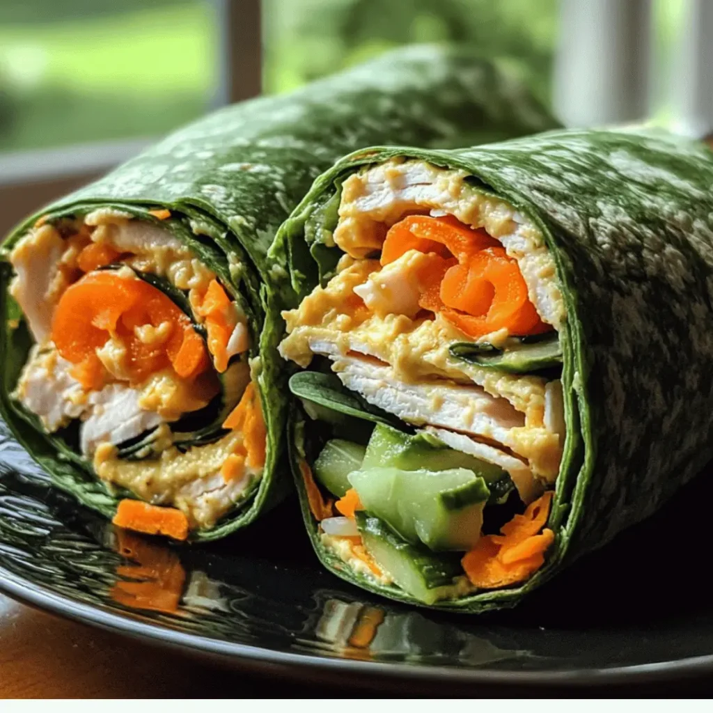 Turkey & Spinach Wrap with turkey, scrambled egg, carrots, and cucumber in a spinach tortilla