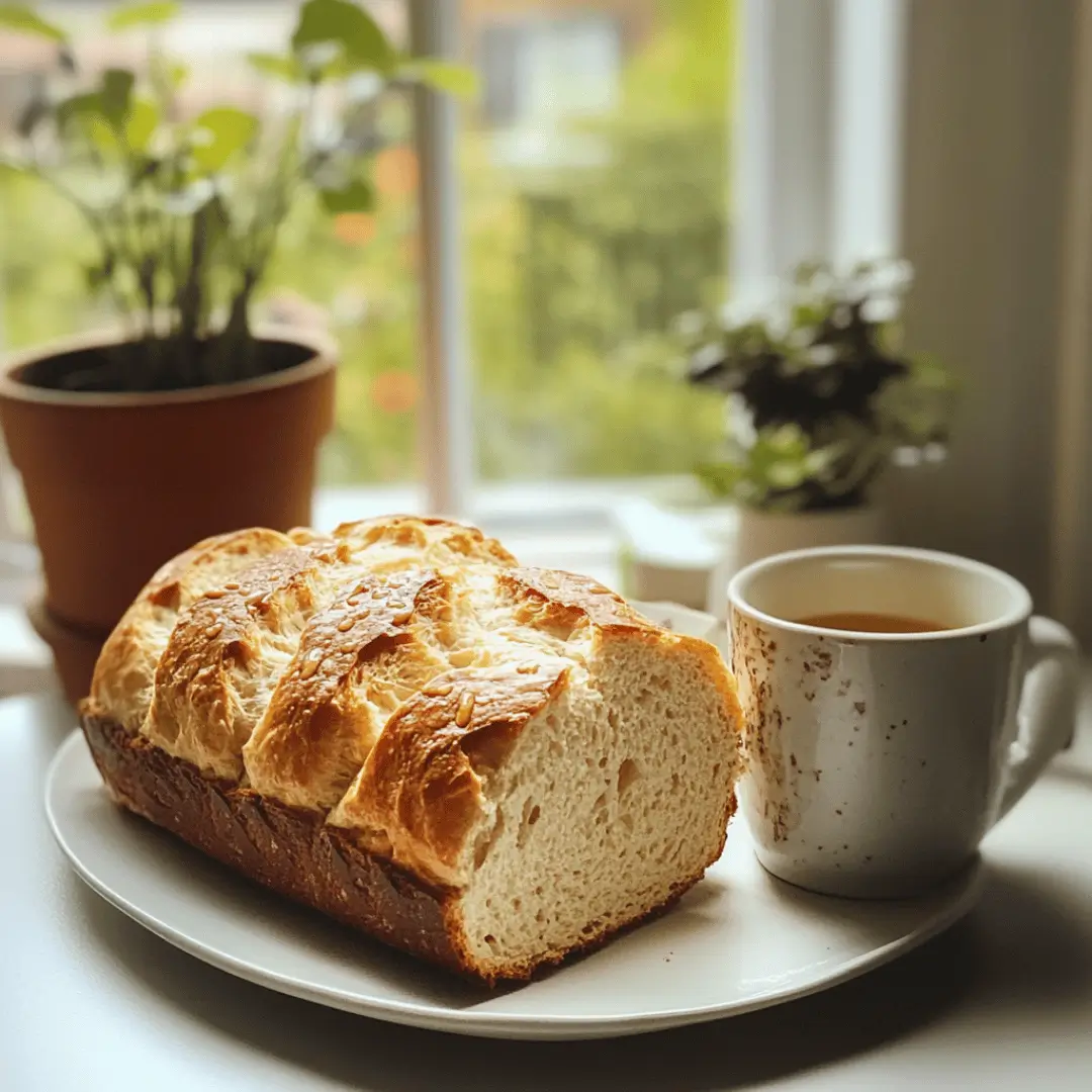 Loaf of UK High Protein Bread with a steaming cup of tea on a plate, next to potted plants on a windowsill