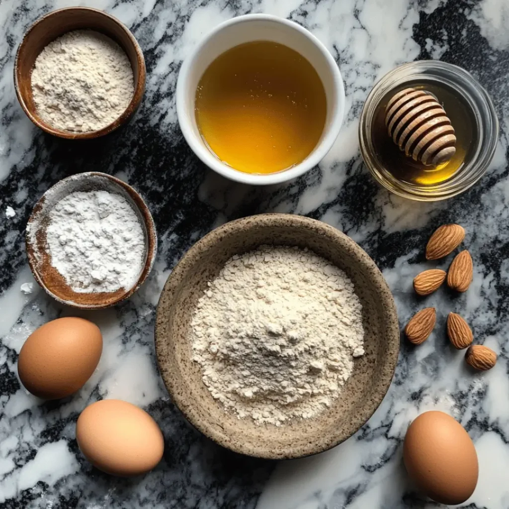  Ingredients for UK High Protein Bread including flour, honey, eggs, almonds, and whey powder on a marble counter