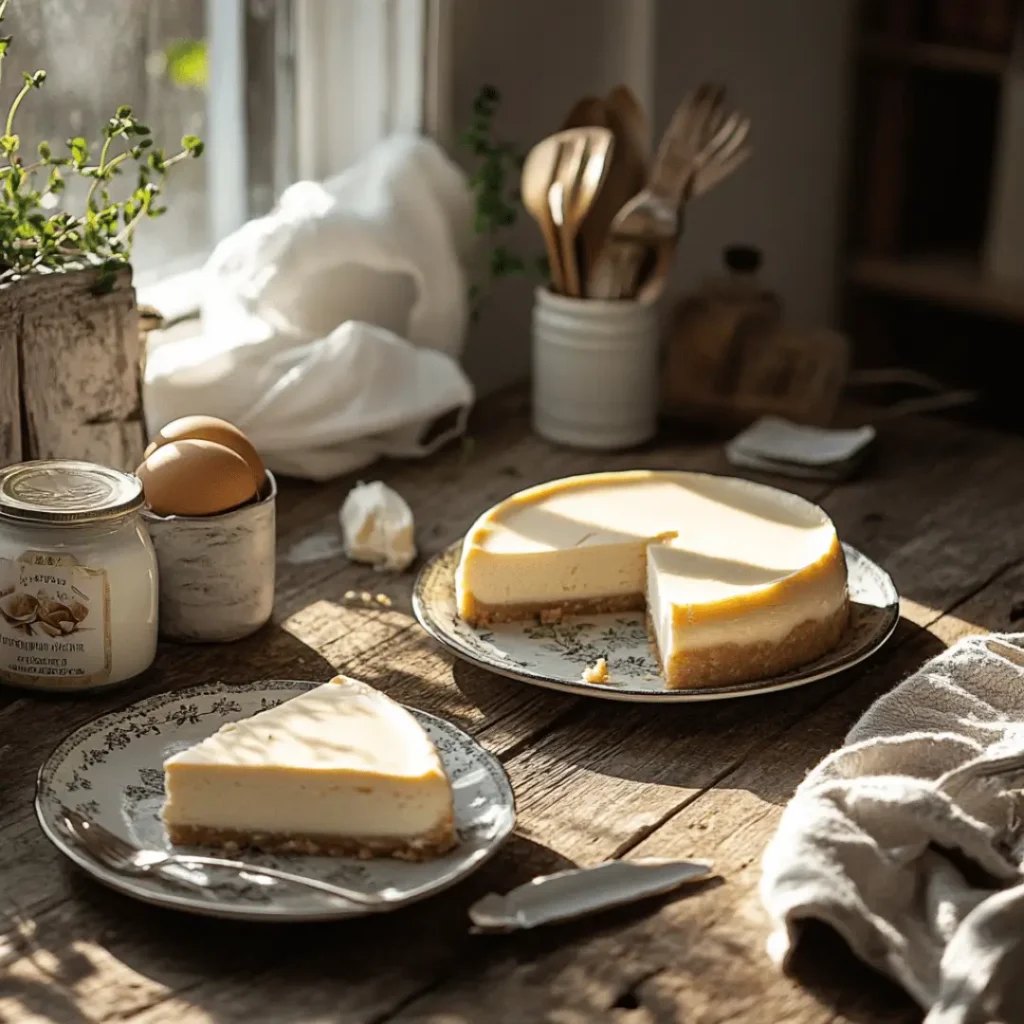 Whole vanilla protein cheesecake with one slice removed on a floral plate beside eggs and jar, set on a rustic wooden table by a window