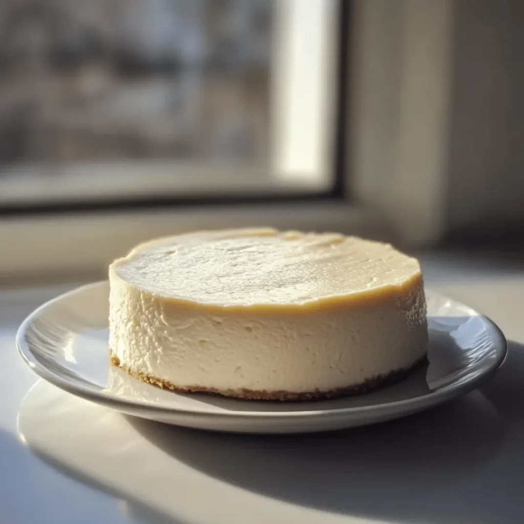 Two halves of protein vanilla cheesecake arranged on a white plate with eggs in the background by a window