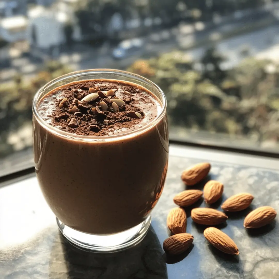 Glass of chocolate whey protein recipe dessert topped with almonds, sitting by a window with scattered almonds on a table.