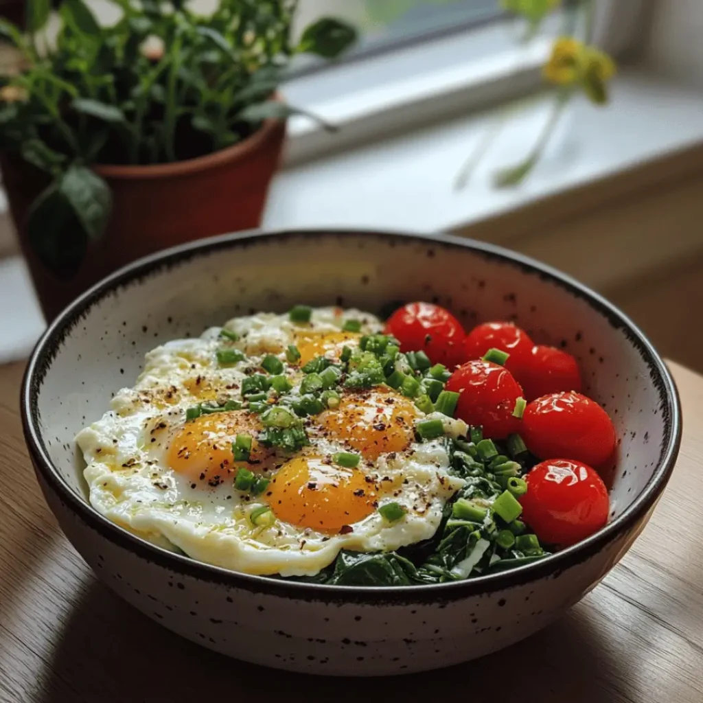 A bowl of scrambled white eggs topped with chives, alongside bright red cherry tomatoes and leafy greens, sitting on a wooden surface near a window with plants in the background.