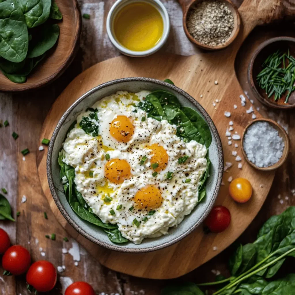 A rustic kitchen display with a bowl of scrambled white eggs on a bed of spinach, surrounded by tomatoes and various seasoning ingredients like rosemary, olive oil, and pepper.