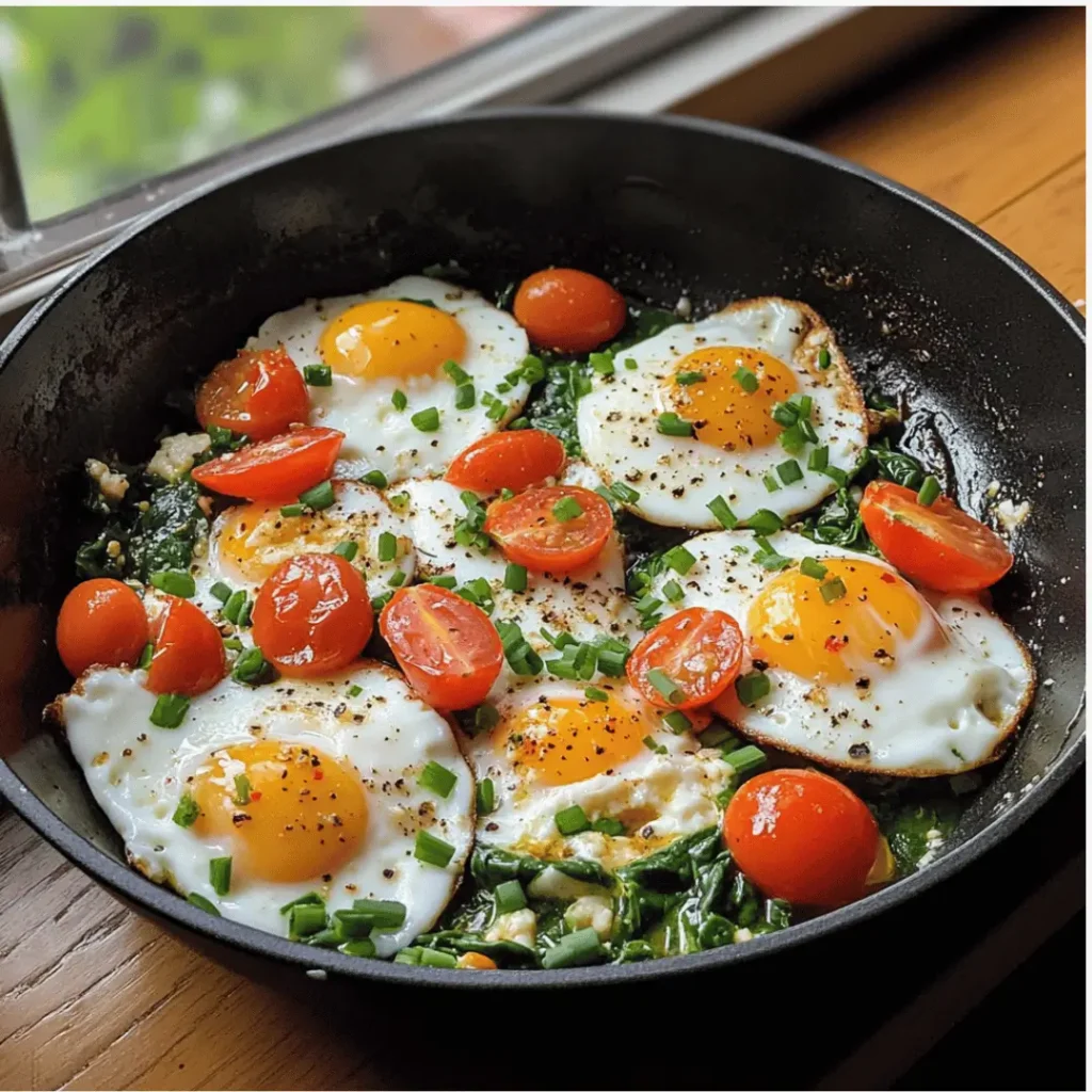 A skillet filled with scrambled white eggs, cherry tomatoes, and fresh green chives beside a window with outdoor greenery visible.