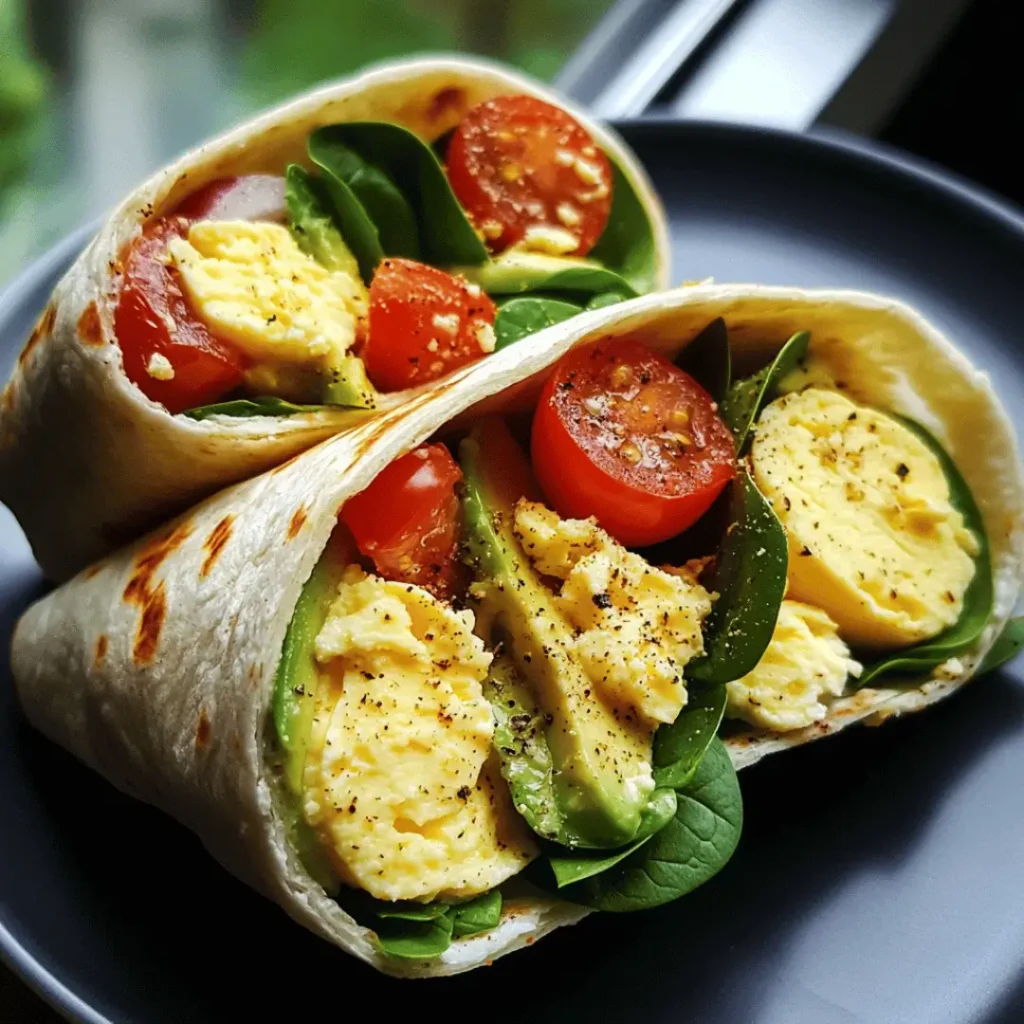 A close-up of a toasted white eggs wrap filled with sliced hard-boiled eggs, avocado, spinach, and cherry tomatoes, served on a plate with fresh spinach and tomatoes on the side.