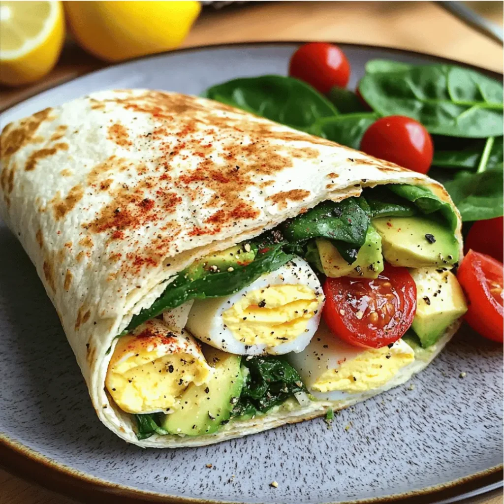 A plate holding two halves of a white eggs wrap filled with scrambled eggs, avocado slices, spinach, and cherry tomatoes, against a background showing a window and outdoor greenery.
