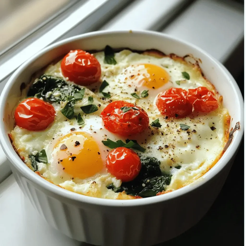 A round white ramekin filled with baked white eggs, spinach, roasted cherry tomatoes, and melted cheese, garnished with fresh parsley, sitting on a white windowsill.