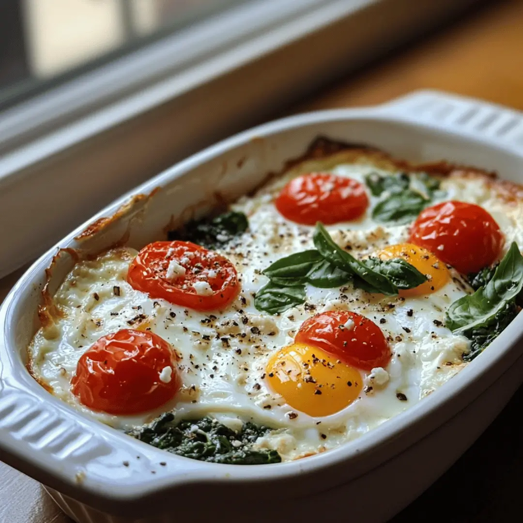 A white baking dish filled with baked white eggs, spinach, cherry tomatoes, and melted cheese, seasoned with black pepper and garnished with fresh basil leaves, placed near a window.