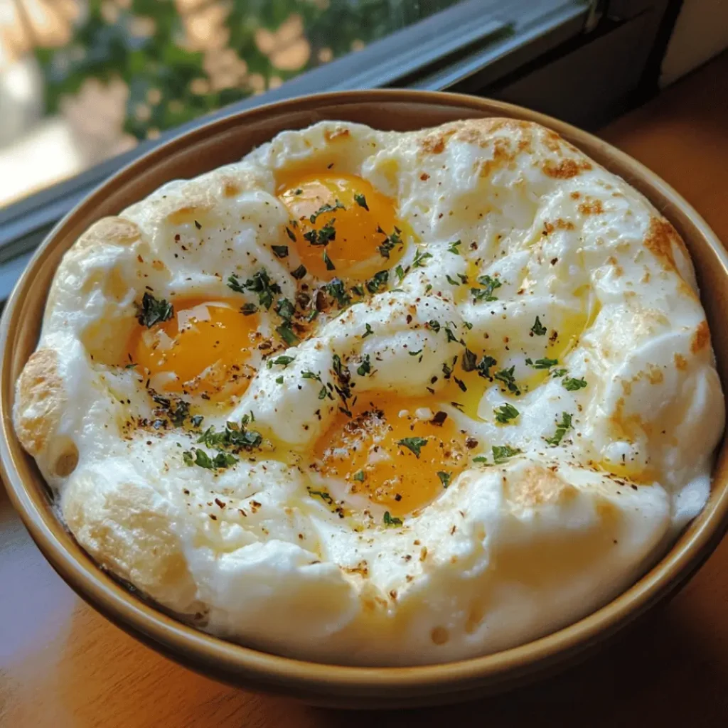 A brown bowl filled with keto white eggs cloud, featuring fluffy egg whites surrounding slightly runny yolks, topped with a sprinkle of herbs and black pepper, placed near a window.