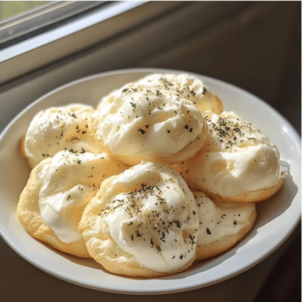 A white plate holding several individual keto white eggs clouds, each topped with a sprinkle of herbs and black pepper, shining under natural sunlight.