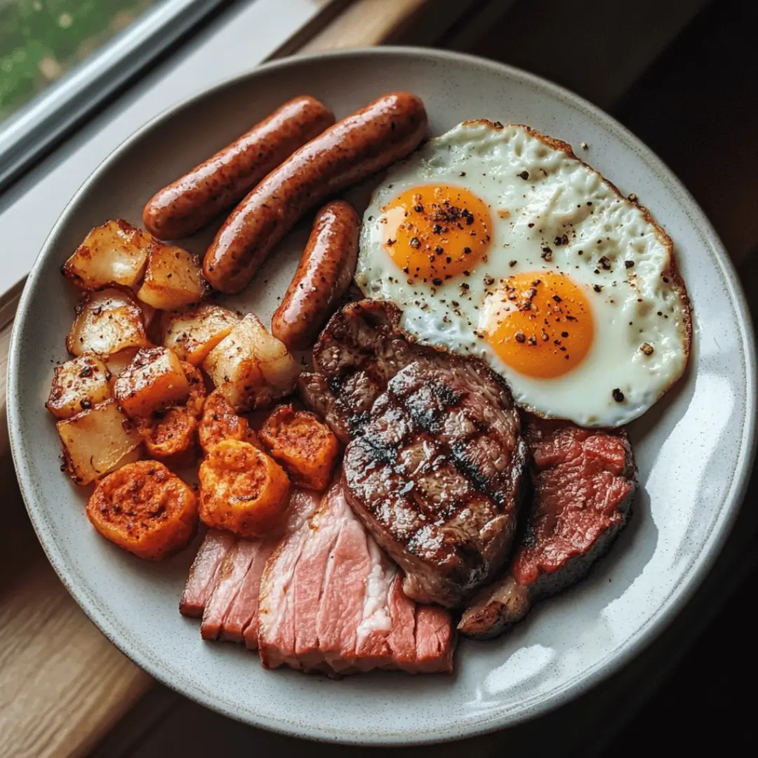 Halal carnivore breakfast with grilled steak, fried eggs, sausages, roasted potatoes, and carrots.