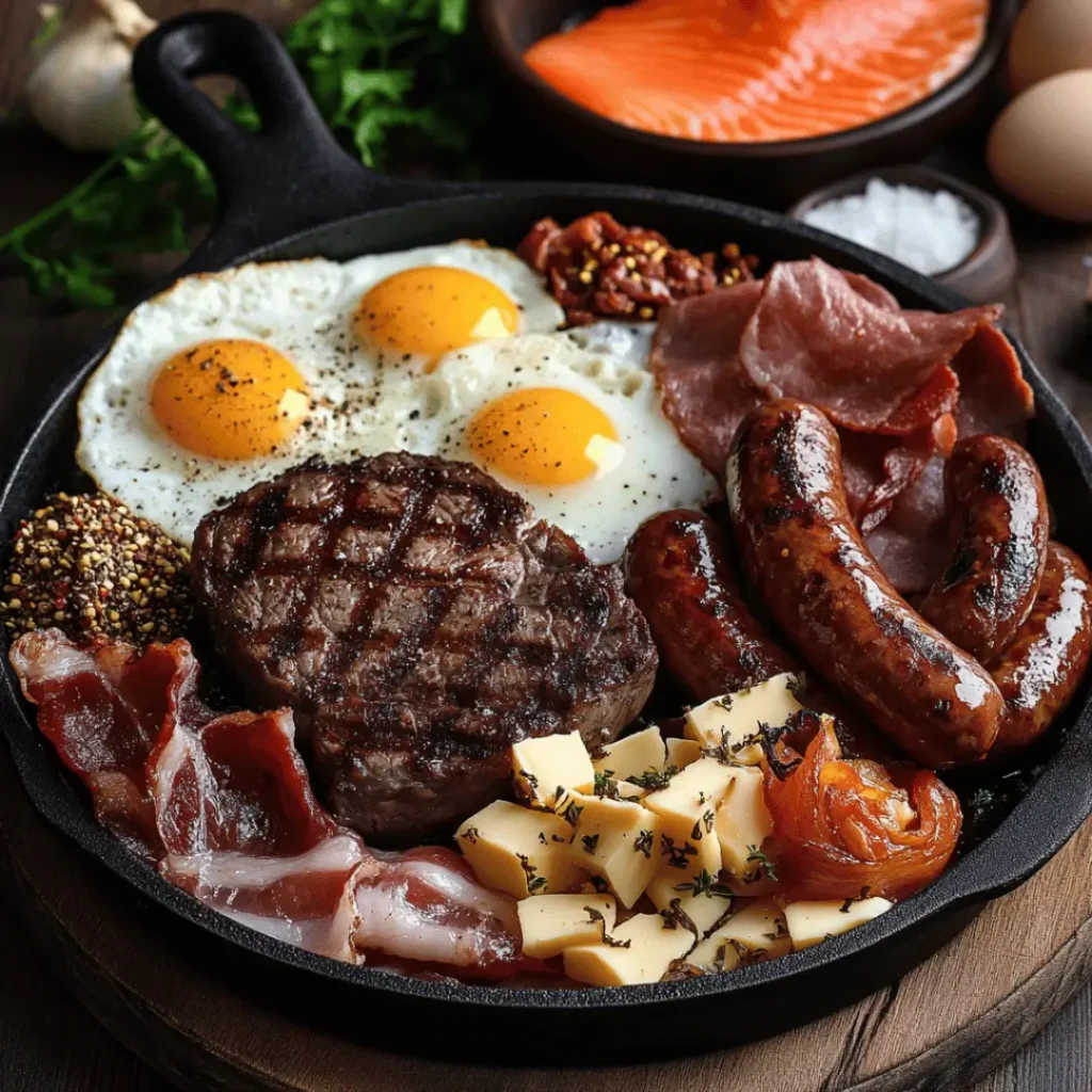 Halal carnivore breakfast ideas eggs, sausages, cured meats, and cheese cubes.

