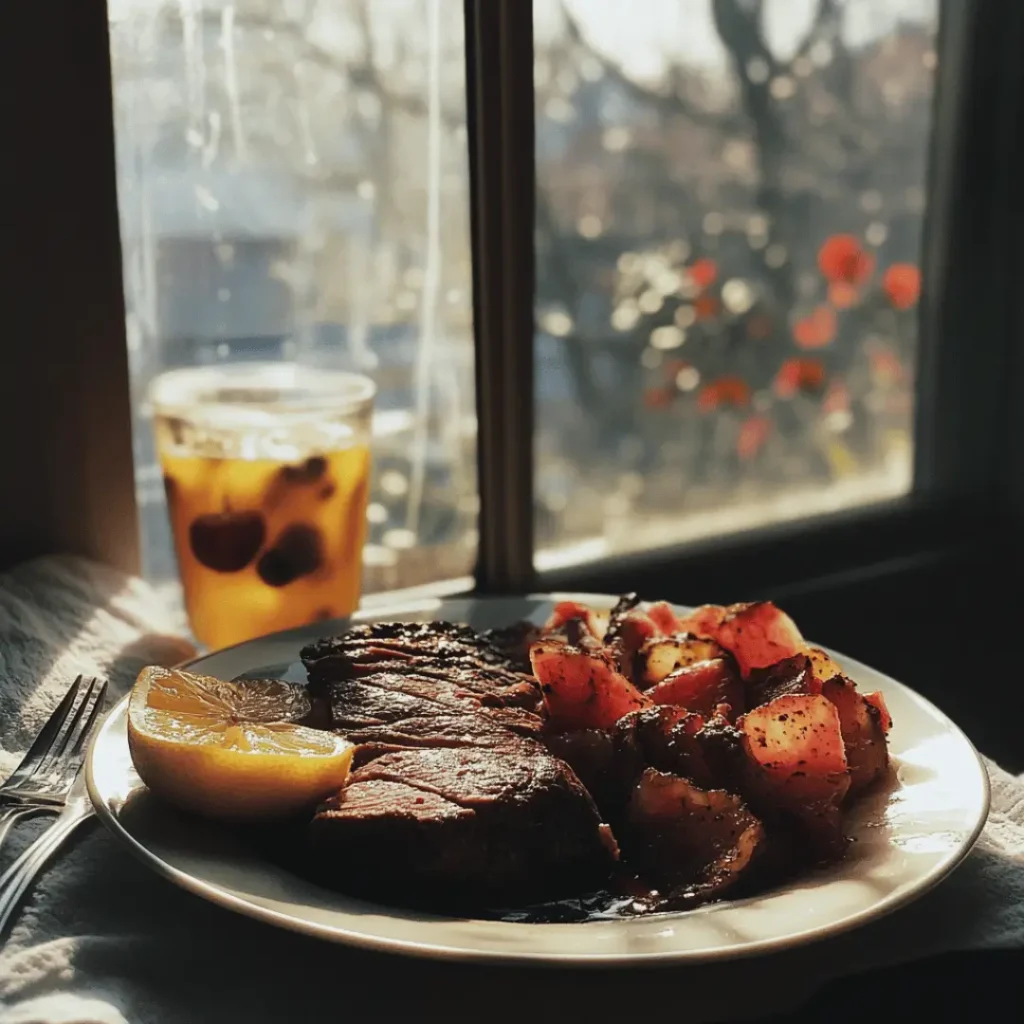 Carnivore Diet Meal Delivery featuring a plate with sliced beef steak, roasted tomatoes, and sautéed kale by a sunlit window.