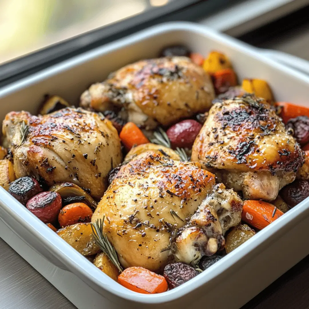 A baking dish filled with garlic chicken thighs, beautifully roasted with a mix of colorful vegetables including carrots, potatoes, and beets, all sprinkled with herbs.