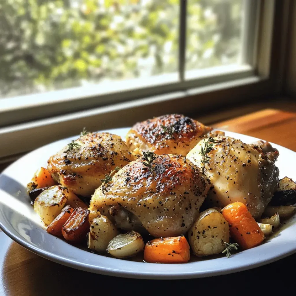 A white plate with garlic chicken thighs roasted to golden perfection, surrounded by a medley of roasted root vegetables including potatoes and carrots, garnished with sprigs of thyme.