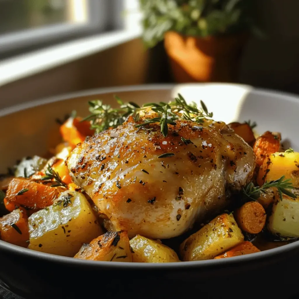 A bowl featuring a single garlic chicken thigh atop a bed of herb-seasoned roasted potatoes and carrots, enhanced by fresh thyme sprigs bathed in warm sunlight.