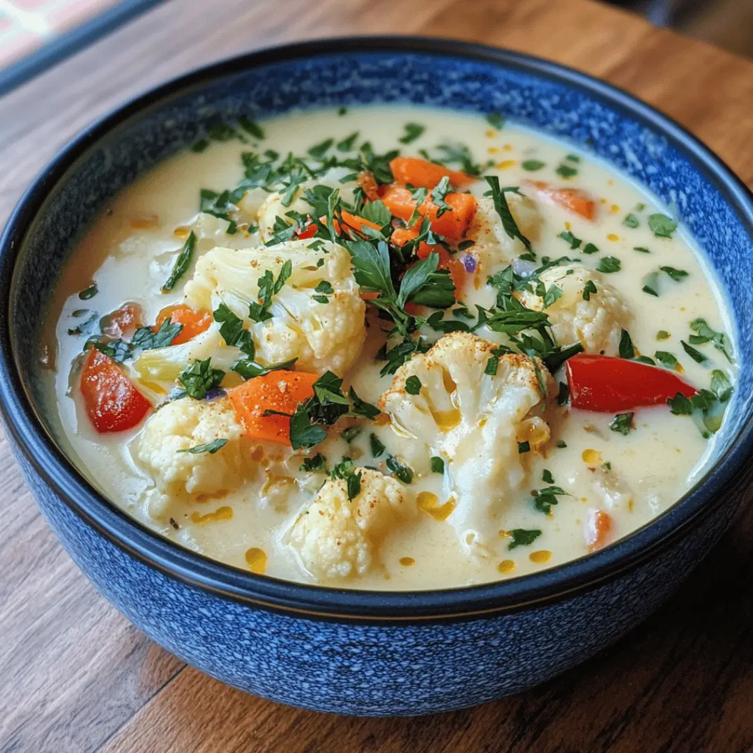 A bowl of creamy cauliflower soup garnished with chopped parsley. The soup is rich and comforting, showcasing chunks of cauliflower and sliced carrots in a creamy broth. Perfect for those seeking gluten and lactose-free recipes.