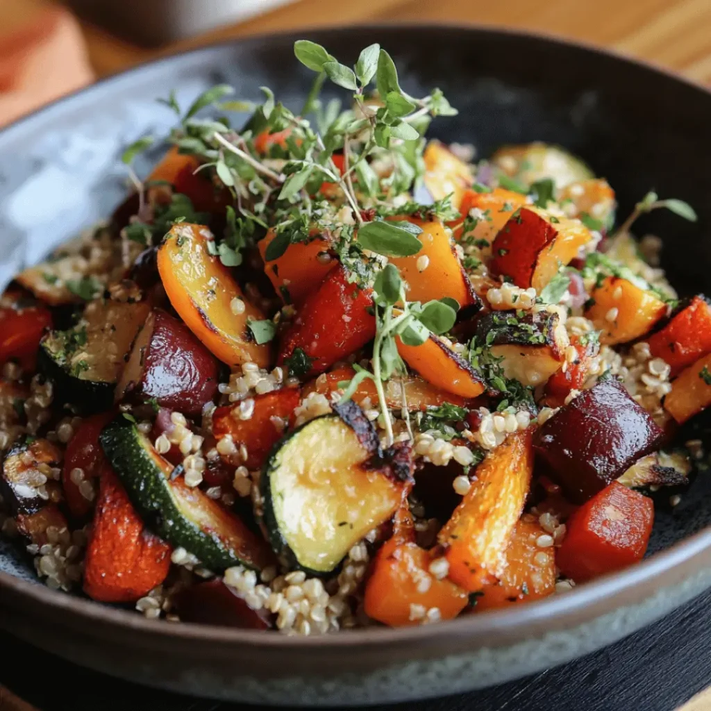A vibrant, gluten and lactose-free quinoa salad featuring roasted vegetables such as zucchinis, red beets, and carrots. The salad is garnished with fresh herbs, providing a colorful and healthy meal option.
