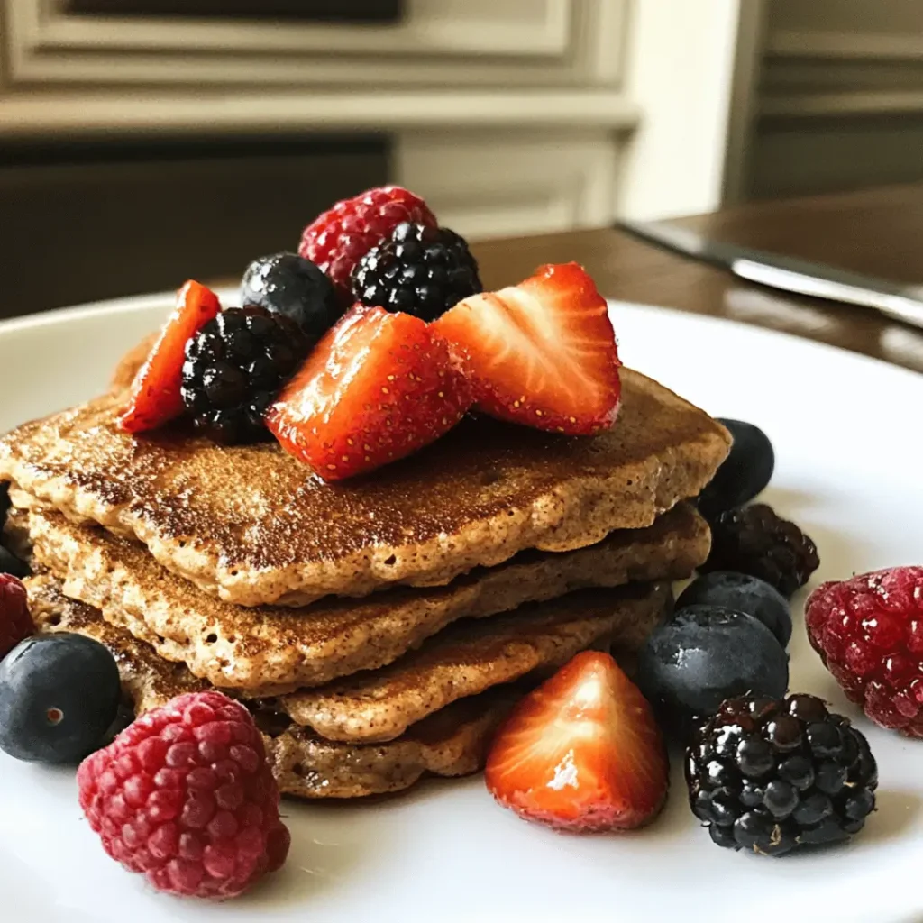A stack of gluten and lactose free recipes topped with a medley of fresh berries including strawberries, raspberries, blueberries, and blackberries. This gluten and lactose-free breakfast treat promises a flavorful start to your day.