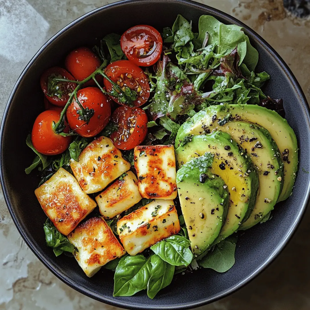 A black bowl filled with a colorful salad featuring grilled halloumi cheese, juicy cherry tomatoes, sliced avocado, and mixed leafy greens, all garnished with herbs and a sprinkle of seasoning.