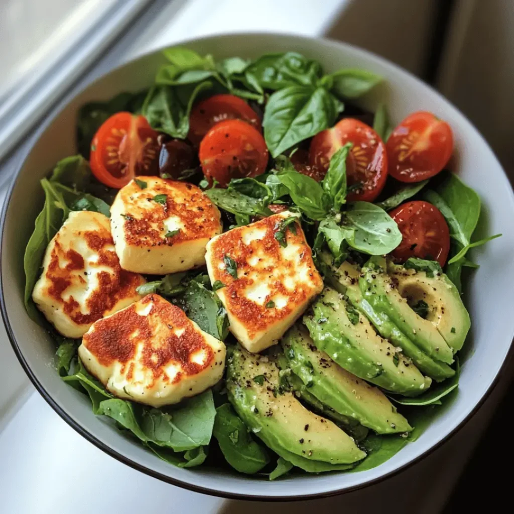 A bowl showcasing grilled round halloumi slices, ripe cherry tomatoes, sliced avocado, and fresh spinach leaves, creating a colorful and appetizing salad.