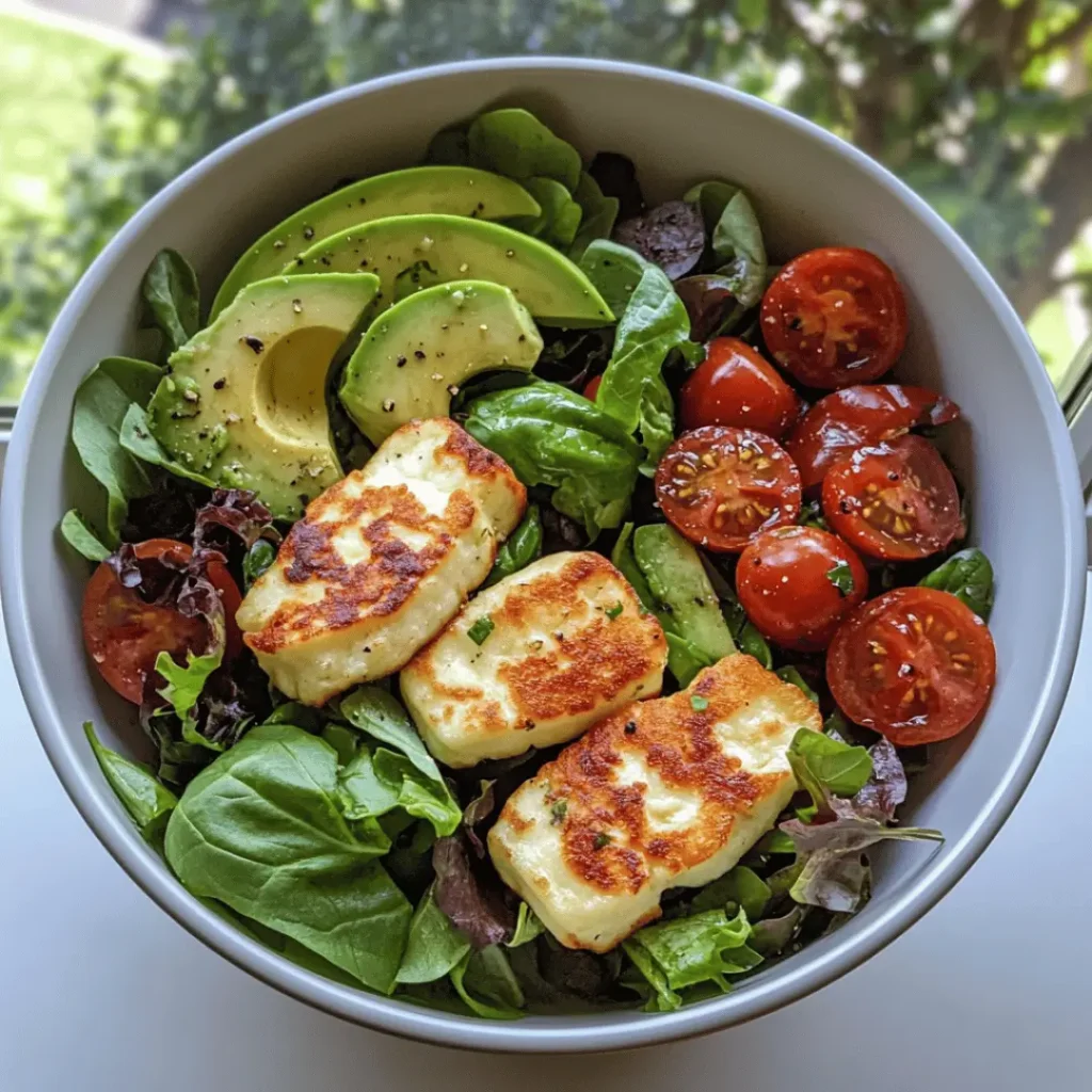 A delicate arrangement of grilled halloumi slices, cherry tomatoes, avocado, and mixed greens in a white bowl, accented by a sprinkle of seasoning.