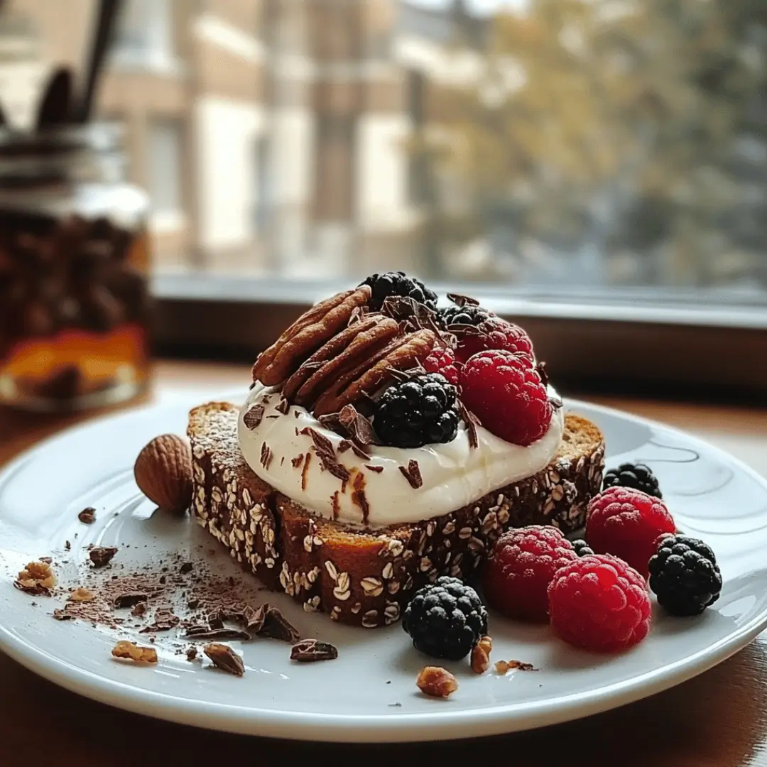 A white plate holds a slice of seeded multigrain bread topped with a thick dollop of creamy yogurt, fresh raspberries and blackberries, pecan halves, and dark chocolate shavings. Scattered around the plate are extra berries, nuts, and chocolate pieces. In the softly blurred background sits a jar of honey