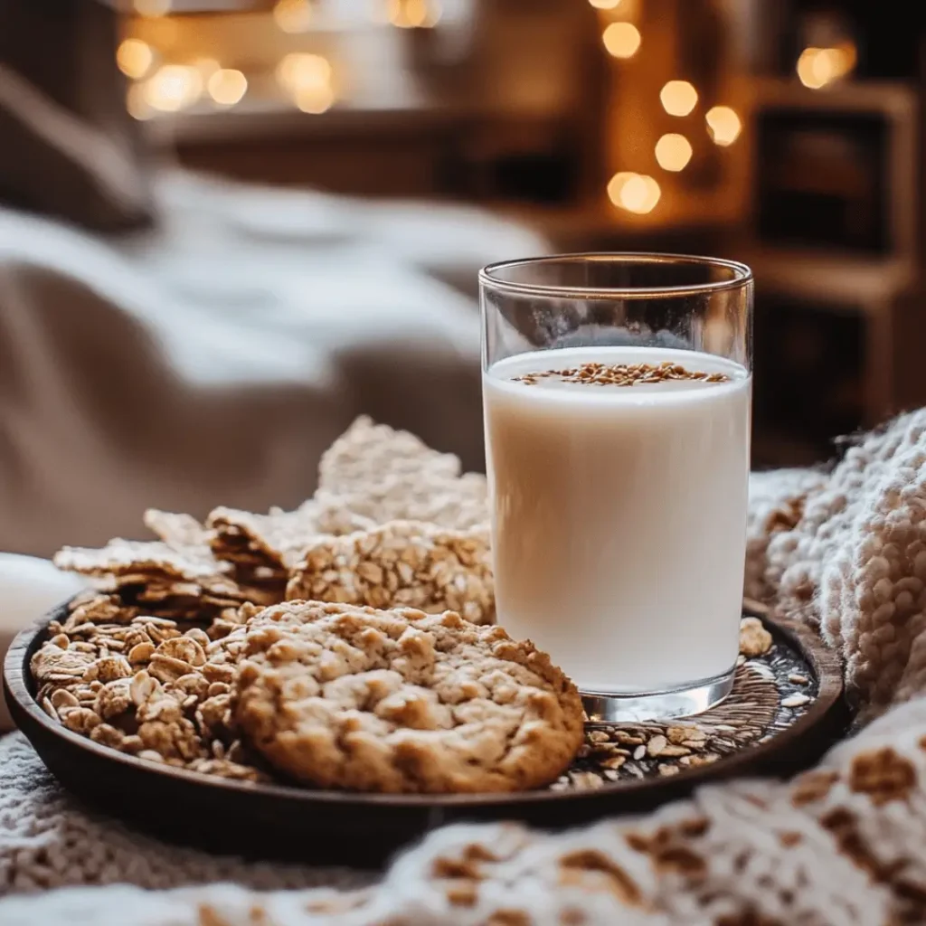 Lactose Free Milk in a glass surrounded by cookies, set against a picturesque mountain landscape.