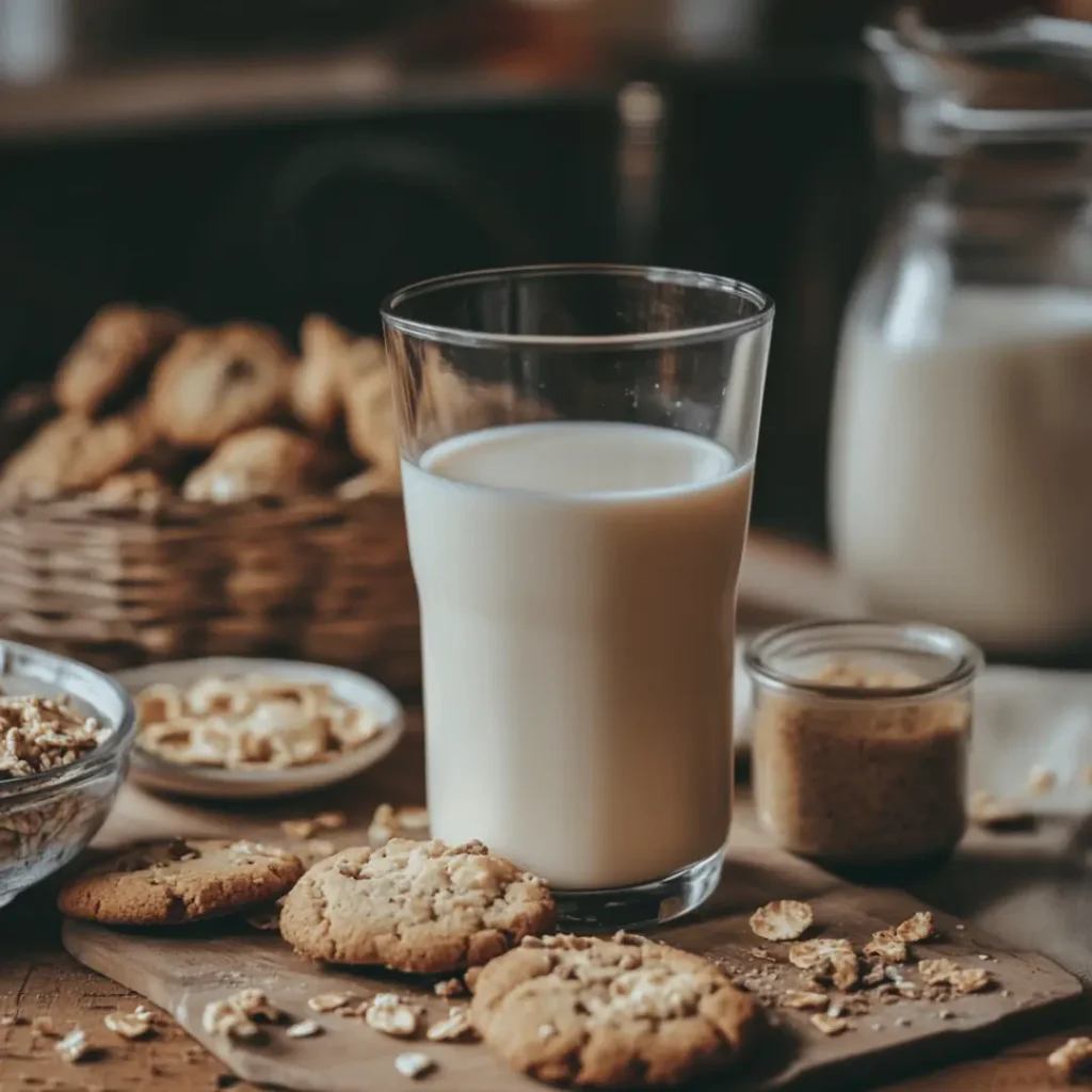 Lactose Free Milk in a glass accompanied by cookies and oat crackers, with warm lighting in the background.