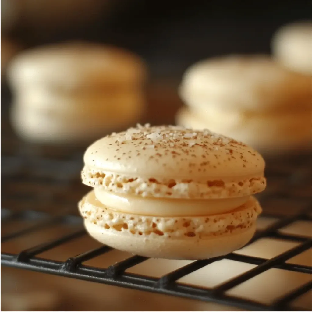 Close-up amateur photo of white egg macaron made with almond flour, taken in a kitchen with a Canon camera.


