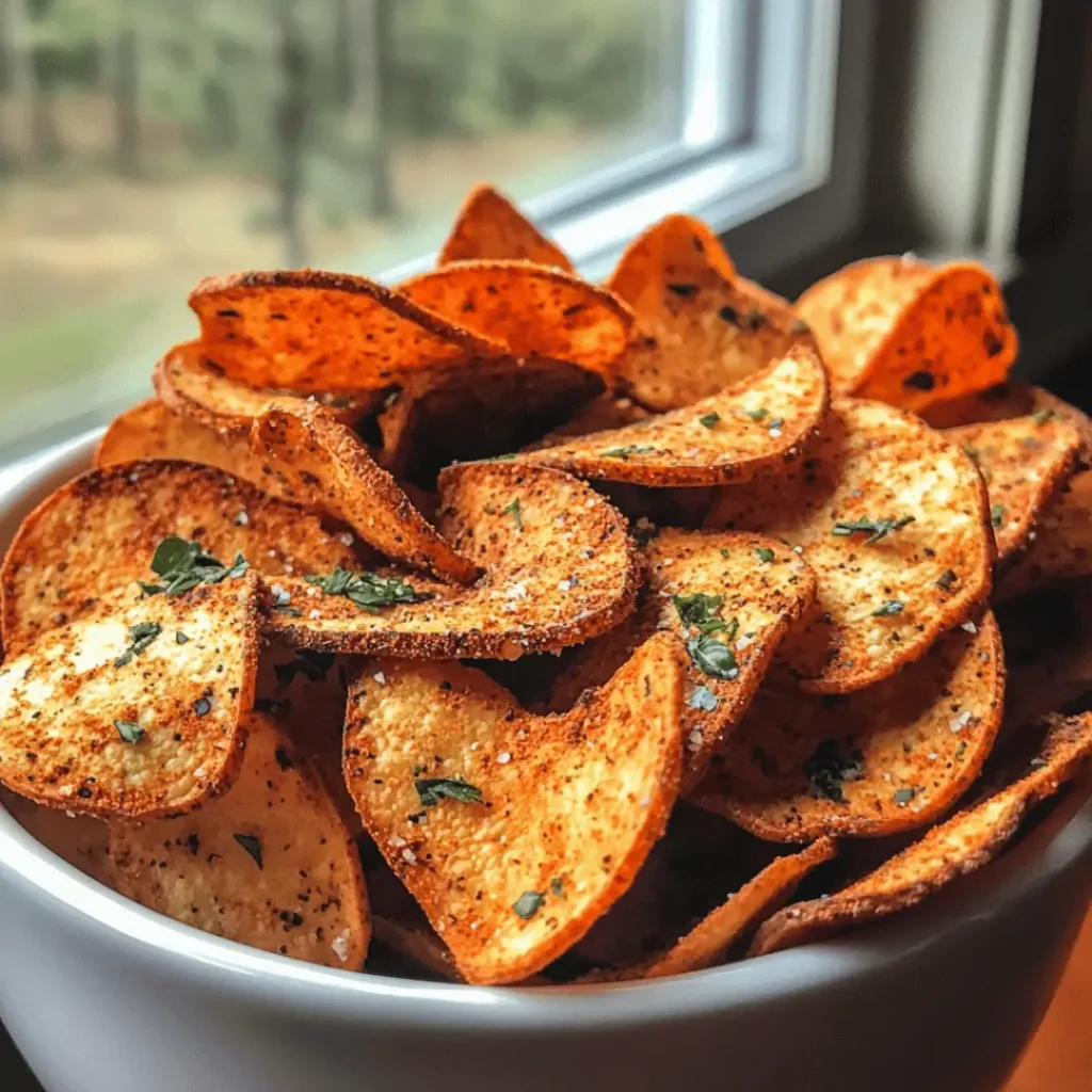 A platter of protein chips with herbs, showing off their rich seasoning and crispiness.