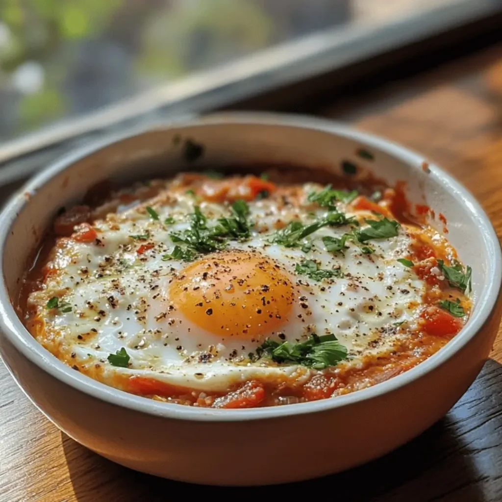 Individual serving of shakshuka with a poached egg atop a spicy tomato base and garnished with herbs in a white bowl by the window.