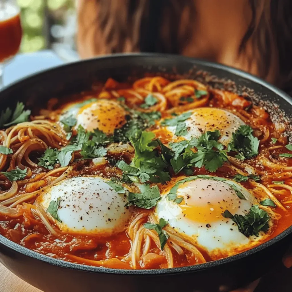 Shakshuka with poached eggs served over spiced tomato sauce and spaghetti, garnished with herbs in a skillet.