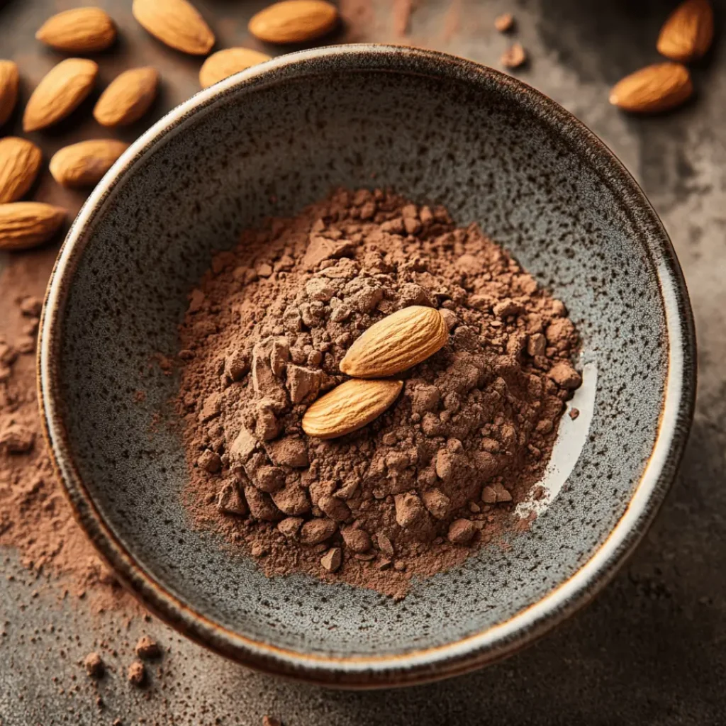 Whey Protein Recipe : Bowl containing cocoa powder with whole almonds sprinkled on top and around it, presenting a rich, earthy texture