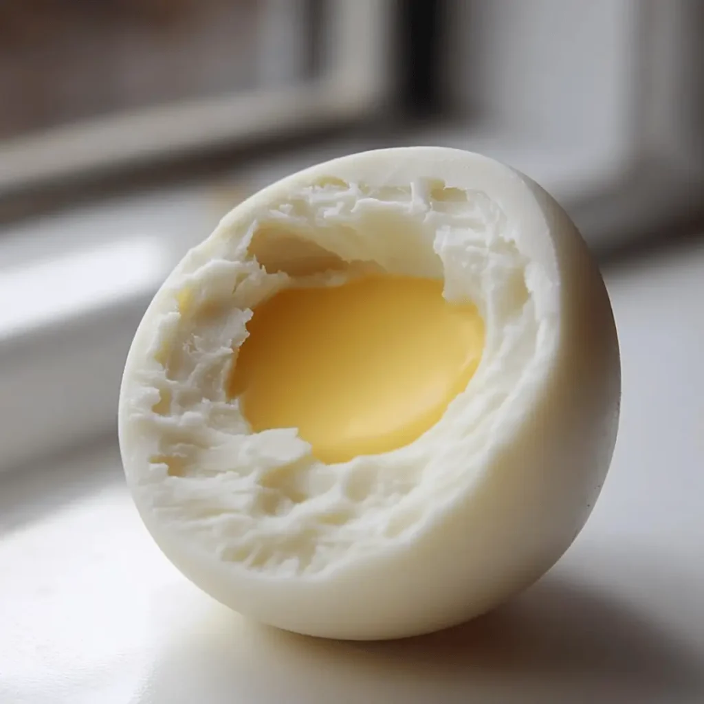 A white creme egg with a portion missing, revealing its hollow interior, resting on a small ceramic plate by a window.