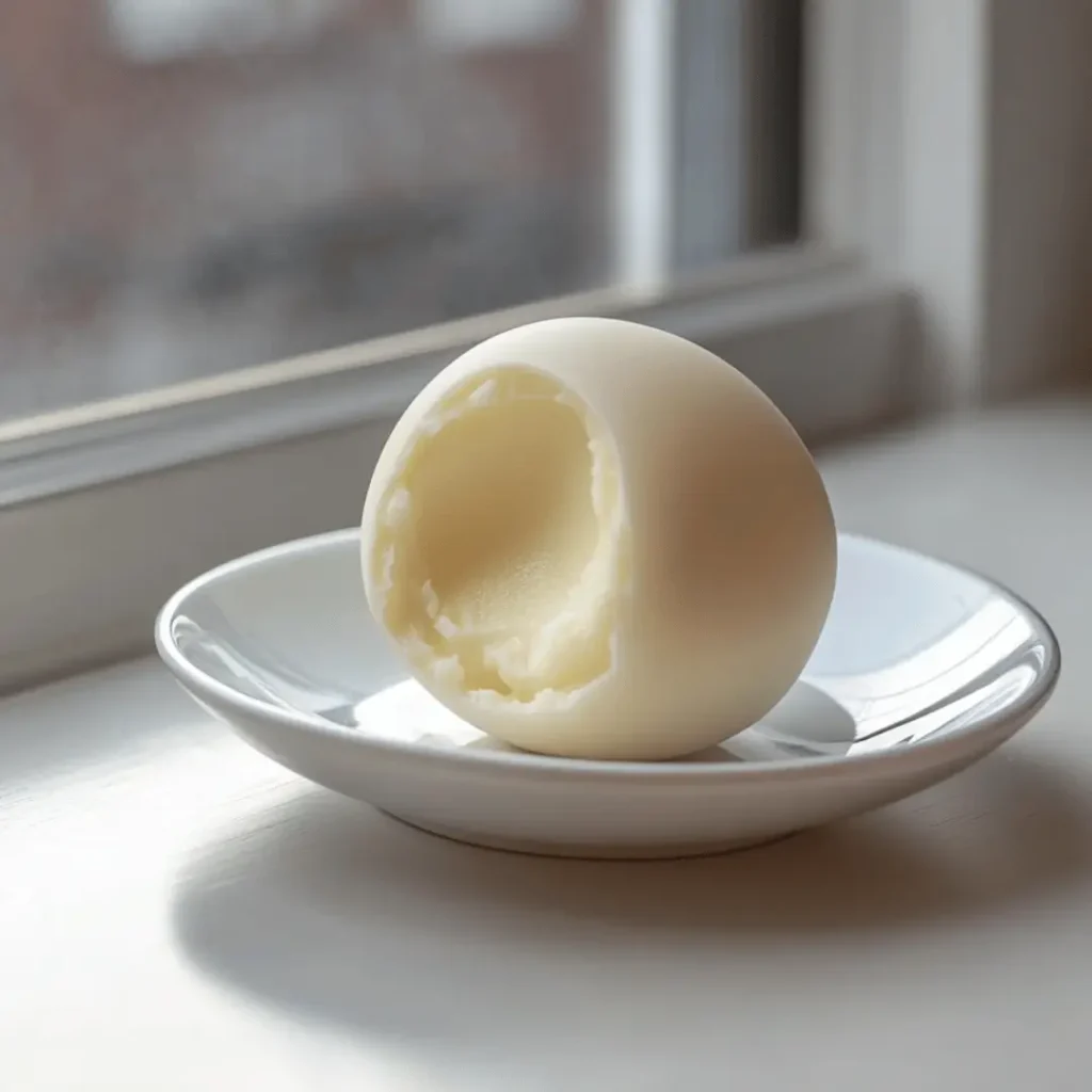  A single white creme egg positioned upright on a smooth surface, bathed in dramatic lighting from the side, creating a shadowy contrast.