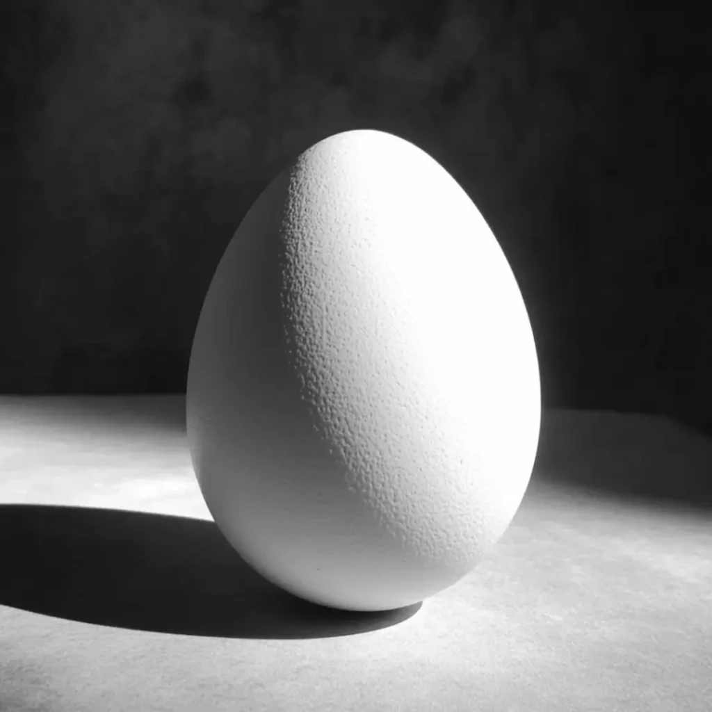 A hard-boiled white creme egg, sliced to reveal a creamy yellow yolk inside, resting on a window ledge.

