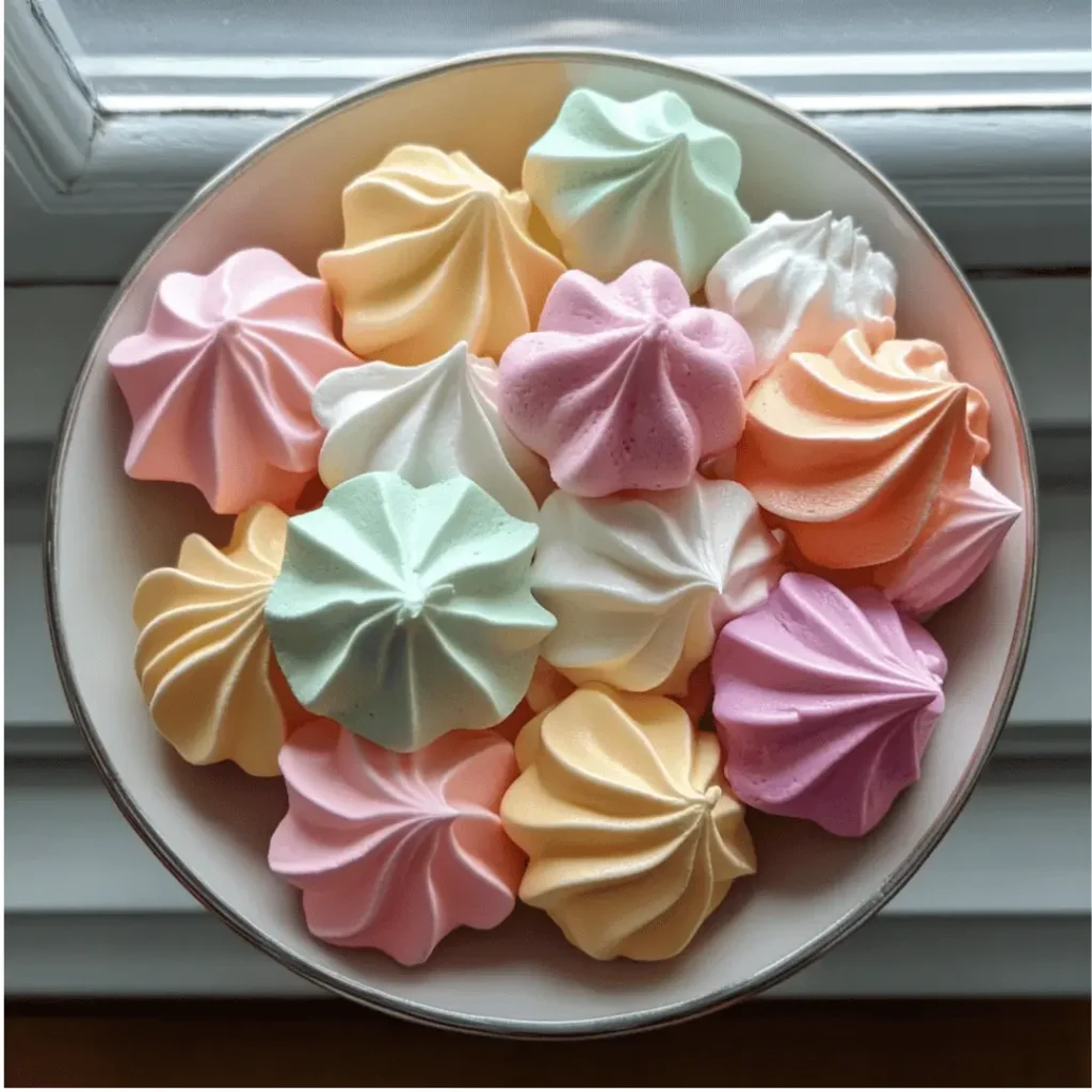 A vibrant assortment of pastel meringue cookies made with white eggs, showcasing delicate swirls of pink, yellow, green, purple, and blue, neatly arranged on a cooling rack.

