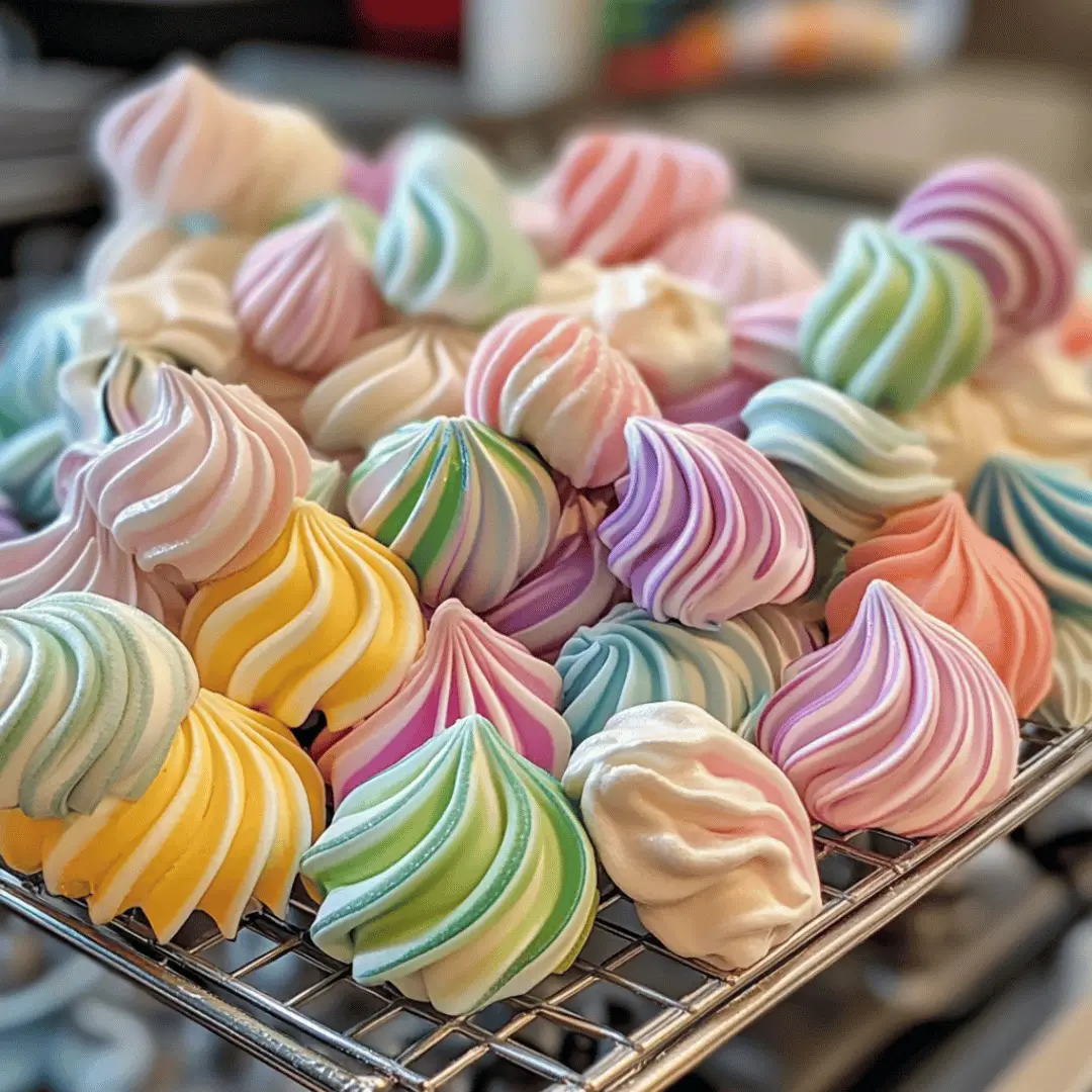 A pile of colorful meringue cookies made with white eggs, featuring pastel swirls of pink, yellow, green, purple, and blue, arranged on a cooling rack.