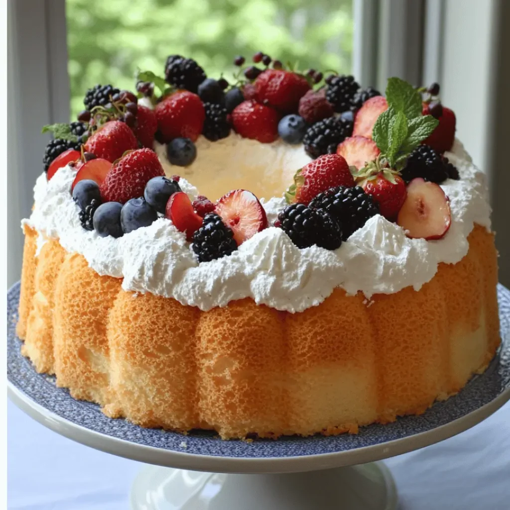 A ring-shaped chiffon cake made with white eggs, topped with whipped cream, fresh strawberries, blueberries, blackberries, sliced plums, and garnished with mint leaves.

